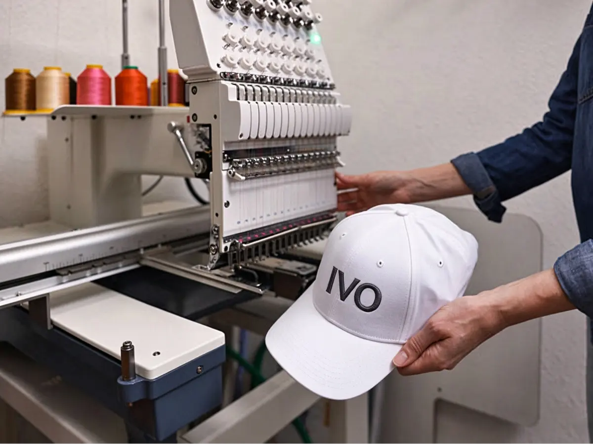 Close-up of an embroidered logo on custom sportswear