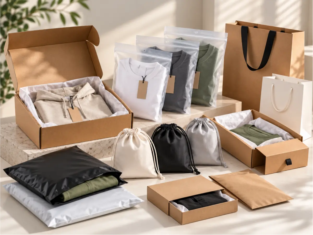Neatly arranged sportswear packaging including bags, boxes, and folded garments showcasing various packaging styles and materials