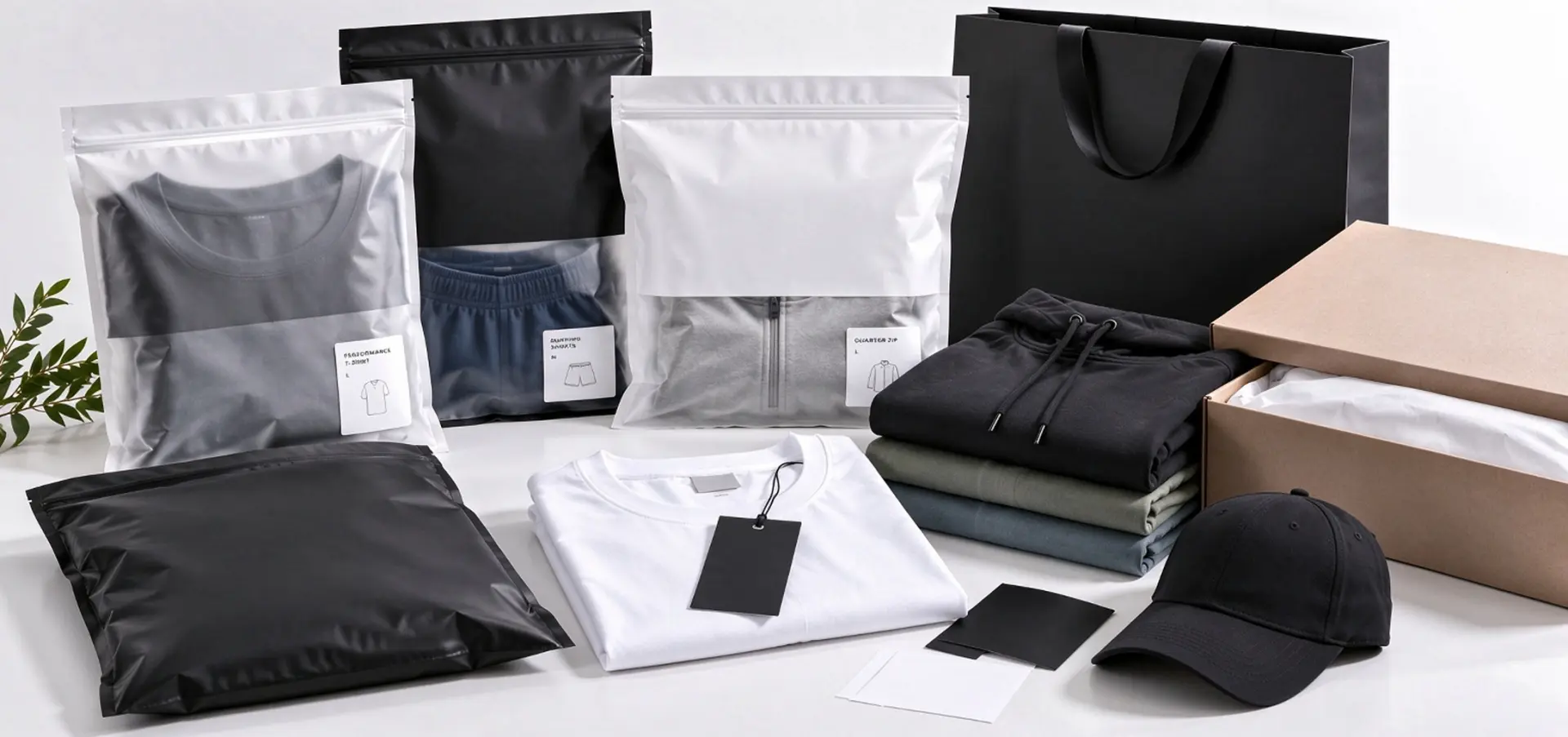 Neatly arranged custom sportswear packaging bags and boxes with folded athletic apparel